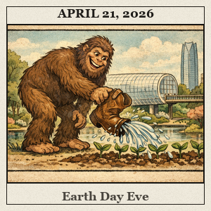 Friendly Bigfoot at Myriad Botanical Gardens waters milkweed seedlings with a repurposed cowboy-boot watering can; the Crystal Bridge glows behind him.