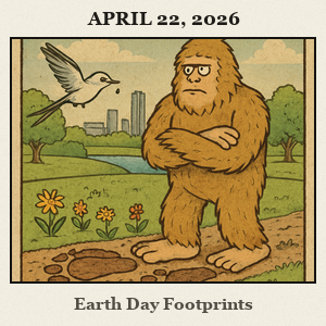 Friendly Bigfoot plants wildflowers using giant footprints at Scissortail Park as a scissor-tailed flycatcher and ducks watch under spring trees.