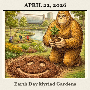A furry Bigfoot kneels in dirt at the Myriad Botanical Gardens, holding a young tree while volunteers work nearby.