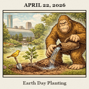 Friendly Bigfoot plants a young tree at the Myriad Botanical Gardens in Oklahoma City, using his footprint as part of the planting, with a bird nearby.