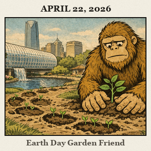 A furry Bigfoot plants a sapling in Myriad Botanical Gardens; tiny sprouts appear along his muddy footprints.