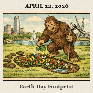 At Scissortail Park, Bigfoot plants wildflowers in his footprint while a scissor-tailed flycatcher perches on his rake—an OKC Earth Day scene.