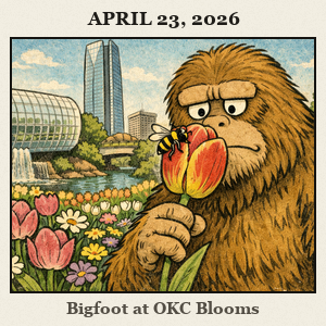 Friendly Bigfoot crouches by a tulip bed in a central Oklahoma garden, sniffing a flower as a bee lands on his furry nose.