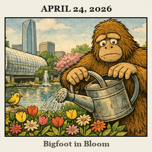 Friendly Bigfoot watering flowers at Myriad Botanical Gardens in Oklahoma City, with a small bird watching.