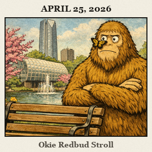 Friendly Bigfoot sniffing pink redbud blossoms in Myriad Botanical Gardens, Oklahoma City, on a sunny spring day.