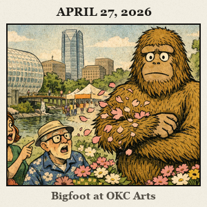 A furry Bigfoot stands among spring flowers at the Oklahoma City arts festival near the Myriad Gardens, smiling.