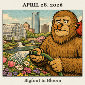 Friendly Bigfoot in a blooming Oklahoma City garden waters flowers with a hose while a cardinal sits on his shoulder.