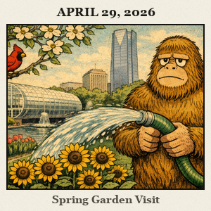 Friendly Bigfoot in the Myriad Gardens, Oklahoma City, watering sunflowers with a comically oversized hose as a cardinal watches