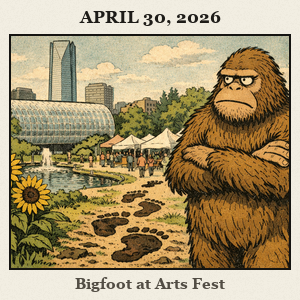 Friendly Bigfoot among sunflowers at the Myriad Botanical Gardens during an OKC festival, leaving playful large footprints.