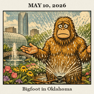Friendly Bigfoot standing under a garden sprinkler in the Myriad Gardens, Oklahoma City, amid spring blooms.