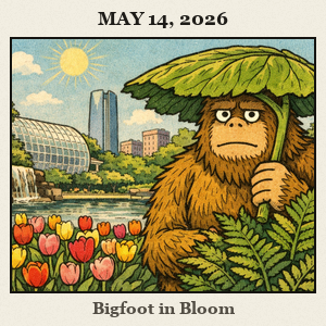 Bare and furry Bigfoot behind a big fern at the Myriad Gardens, using a giant leaf as shade among blooming flowers.
