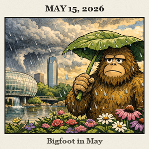 Bare and furry Bigfoot standing in the Myriad Botanical Gardens, holding a large leaf over his head like an umbrella as rain falls on blooming flowers.