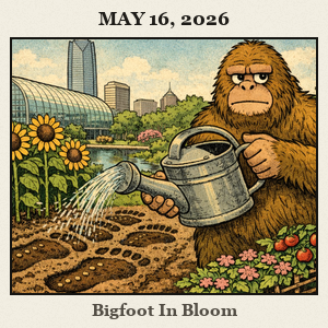 A furry Bigfoot barefoot in a sunlit garden at Myriad Gardens Oklahoma City waters sunflowers with a large watering can.
