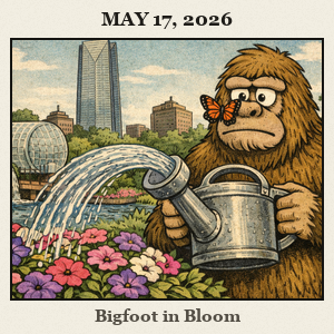 Friendly Bigfoot in a central Oklahoma garden waters petunias with a giant watering can as a butterfly sits on his furry nose