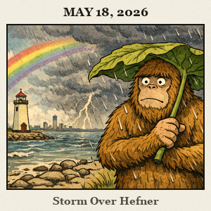 Bare, furry Bigfoot at Lake Hefner shore with a large leaf as umbrella as dramatic clouds roll in.