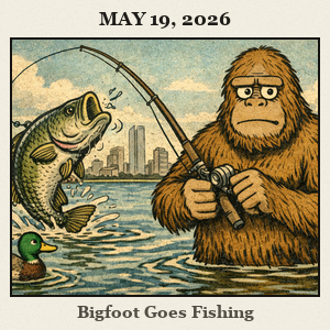 A furry Bigfoot wades at Lake Hefner, holding a large fish on a line with the Oklahoma City skyline in the background.