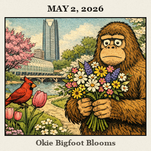 Furry Bigfoot in Oklahoma City's Myriad Gardens offers a giant bouquet to a cardinal perched amid spring blossoms.