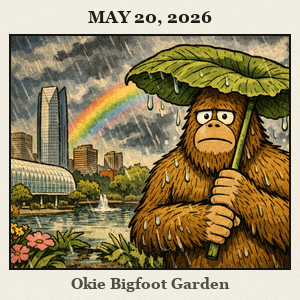 A furry Bigfoot in a spring garden uses a giant leaf as an umbrella as rain falls over the Myriad Botanical Gardens in Oklahoma City.