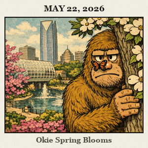 Friendly Bigfoot peeks from behind a blooming dogwood in Myriad Gardens, Oklahoma City, amid spring flowers.