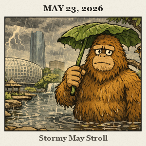 Furry Bigfoot stands in a small garden pond at Myriad Botanical Gardens, using a large leaf as an umbrella as a stormy Oklahoma sky looms.