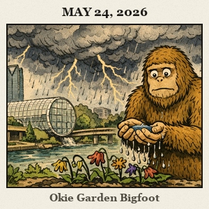 A furry Bigfoot in Myriad Gardens uses cupped hands to catch rain from a passing cloud and waters flowers as dark storm clouds gather above.