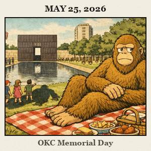Friendly Bigfoot lies on a large picnic blanket beside the Reflecting Pool at the Oklahoma City National Memorial, casting a playful shadow as families stroll nearby.