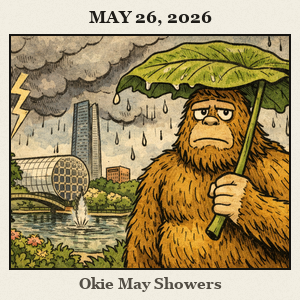 Bigfoot stands in Oklahoma City's Myriad Botanical Gardens, using a giant leaf as a parasol while cartoon thunderclouds roll overhead.