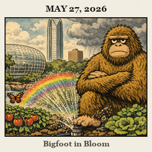 In a sunny Oklahoma City garden, a furry Bigfoot kneels beside a hose while a sprinkler sprays water over blooming plants and a butterfly flits nearby.