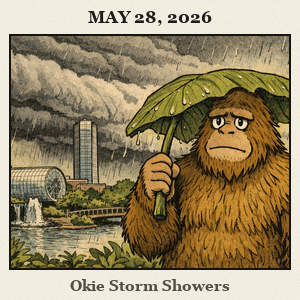 A furry Bigfoot stands under a giant leaf as a rain shield while dark storm clouds roll over the Myriad Botanical Gardens in Oklahoma City.
