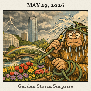 Friendly Bigfoot at the Myriad Gardens gets splashed by a hose as dark clouds roll over central Oklahoma.