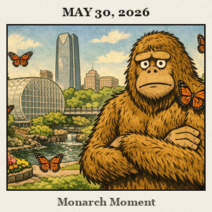 Bigfoot in a sunny Oklahoma City garden watches monarch butterflies flutter around; one lands on his furry shoulder.