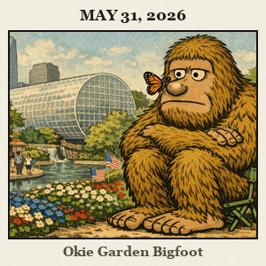 Friendly Bigfoot sits on a small garden bench at Myriad Gardens during Memorial Day weekend, a butterfly resting on his furry nose.