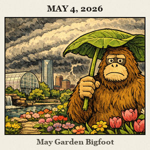 A furry Bigfoot in a flower garden holds a large leaf over his head as dark storm clouds roll over downtown Oklahoma City.