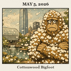 Friendly Bigfoot in Myriad Gardens stands among drifting cottonwood fluff with a curious expression.