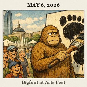 A furry Bigfoot stands beside a large canvas at a sunny Oklahoma City arts festival, painting a giant footprint as crowds look on.