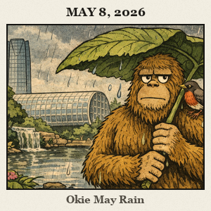 A furry Bigfoot stands beneath a giant leaf used as an umbrella in light rain at the Myriad Gardens in Oklahoma City, with a robin perched on his shoulder.