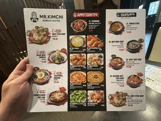 Mr. Kimchi Korean Bistro menu showing appetizers, soups, and featured dishes.