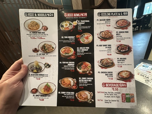 Mr. Kimchi Korean Bistro menu with rice bowls, noodles, sizzling plates, and drinks.