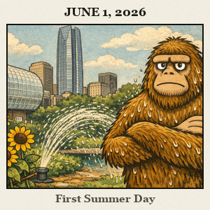 Barefoot furry Bigfoot under a sprinkler at the Myriad Botanical Gardens with sunflowers on a sunny Oklahoma City day