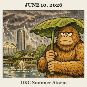 Bare, furry Bigfoot uses a large leaf as an umbrella in the Myriad Botanical Gardens as rain begins to fall over Oklahoma City.
