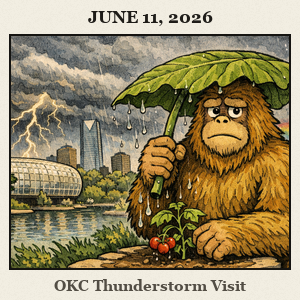 Barefoot Bigfoot in a downtown Oklahoma City garden watches a shelf cloud as rain begins, with a small rainbow overhead.