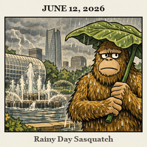 Friendly Bigfoot in Myriad Gardens, Oklahoma City, enjoying a light June shower, using a giant leaf as an umbrella beside a fountain.