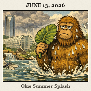 Bigfoot, bare and furry, cooling off in a city fountain at the Myriad Botanical Gardens in downtown Oklahoma City on a hot mid-June day.