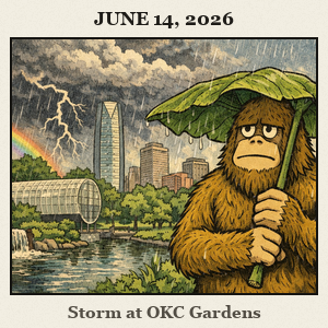 Friendly Bigfoot in the Myriad Gardens uses a large leaf as an umbrella as storm clouds and a rainbow form over downtown Oklahoma City.