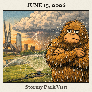 A furry Bigfoot stands in Scissortail Park, Oklahoma City, as a thundercloud builds in the distance and a sprinkler sprays mist around him.