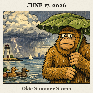 Furry Bigfoot by Lake Hefner in Oklahoma City shelters under a giant leaf umbrella as light rain falls; ducks swim nearby.