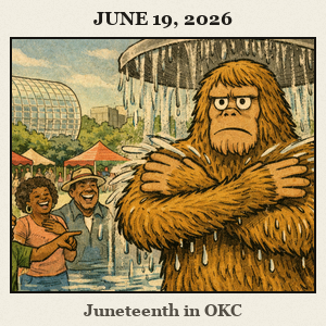 Bare Bigfoot at Myriad Botanical Gardens during a Juneteenth event, cooling off in a fountain as smiling people gather.