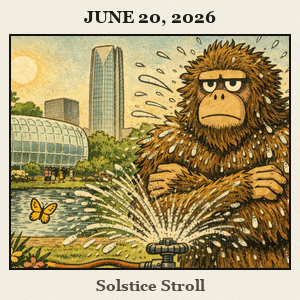 A furry Bigfoot stands under a garden sprinkler at Myriad Botanical Gardens in Oklahoma City, with plants around and a butterfly nearby.