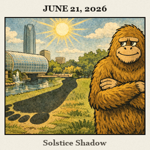 Friendly Bigfoot in a sunny Oklahoma City garden, his long shadow stretching behind him on the summer solstice.