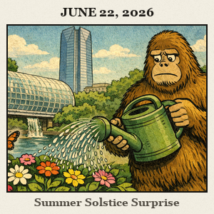 Bare and furry Bigfoot in the Myriad Botanical Gardens, watering oversized flowers with a giant can under a sunny Oklahoma sky.